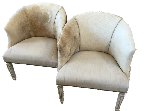 Pair of Cowhide and Linen Barrel Chairs SOLD