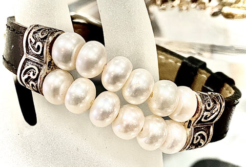 Bracelet, Pearls, Sterling, Leather SOLD